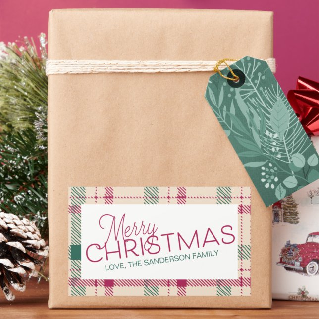 Farmhouse Plaid Merry Christmas Family Name Rectan Rectangular Sticker (Creator Uploaded)