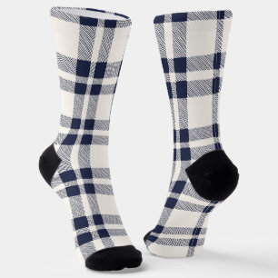 Farmhouse plaid navy off white hand drawn country socks