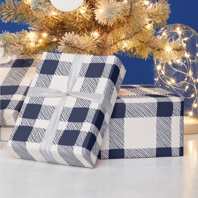 Farmhouse plaid navy off white hand drawn country wrapping paper (Holidays)