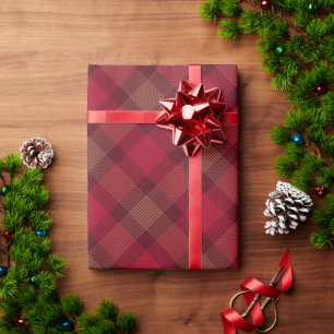 Farmhouse plaid red wine gold diagonal pattern  wrapping paper
