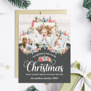 Farmhouse Poinsettia 3 Photo Collage Magnetic Card