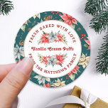 Farmhouse Poinsettia Baked with Love Christmas Classic Round Sticker<br><div class="desc">From the Farmhouse Poinsettia Christmas & Holiday Collection: Farmhouse Poinsettia Baked with Love Holiday, with Beautiful Curved Typography and Personalised Food Name and Text. Easily customise text for this pretty Christmas label Template. In 4 different colorway options, this option features a teal green background colour, and pretty watercolor poinsettia and...</div>