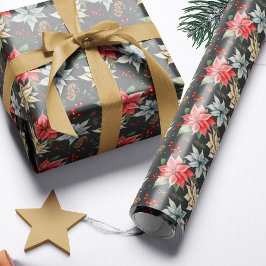 Farmhouse Poinsettia Black Rustic Christmas Wrapping Paper