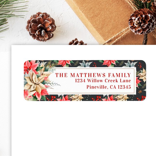 Farmhouse Poinsettia Black Rustic Return Address (Creator Uploaded)
