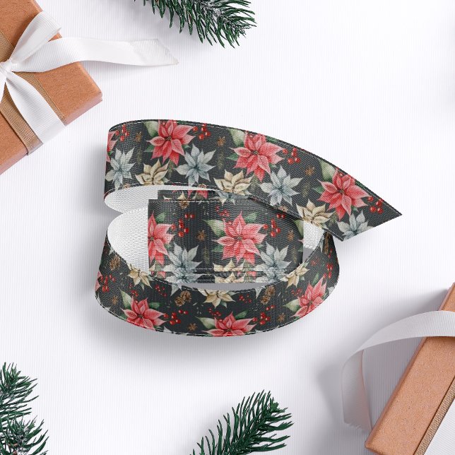 Farmhouse Poinsettia Dark Grey Rustic Christmas Grosgrain Ribbon (Creator Uploaded)