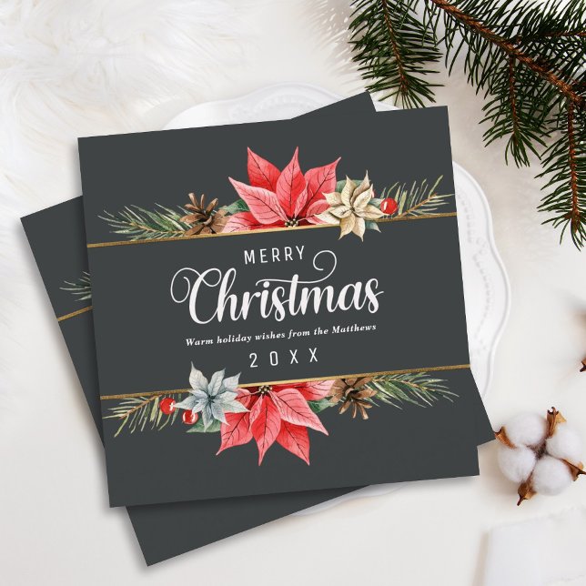 Farmhouse Poinsettia Gold Framed Square Christmas Holiday Card (Creator Uploaded)