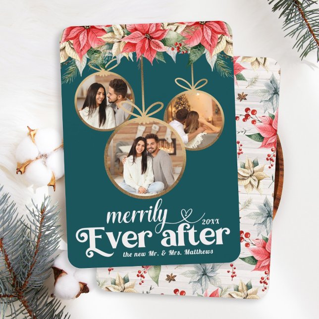 Farmhouse Poinsettia Merrily Ever After Newlyweds  Holiday Card (Creator Uploaded)