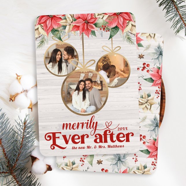 Farmhouse Poinsettia Merrily Ever After Newlyweds Holiday Card (Creator Uploaded)