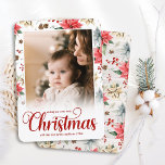 Farmhouse Poinsettia Merry Christmas Family Photo Holiday Card<br><div class="desc">From the Farmhouse Poinsettia Christmas & Holiday Collection: Farmhouse Poinsettia Merry Christmas Family Photo Holiday Christmas card, with Beautiful Bouncy Calligraphy Script Font "Wishing you a very merry Christmas" Holiday Greeting, and Personalised Text and Family Name. Easily Add your family photographs and text to this gorgeous Christmas Card Template. In...</div>