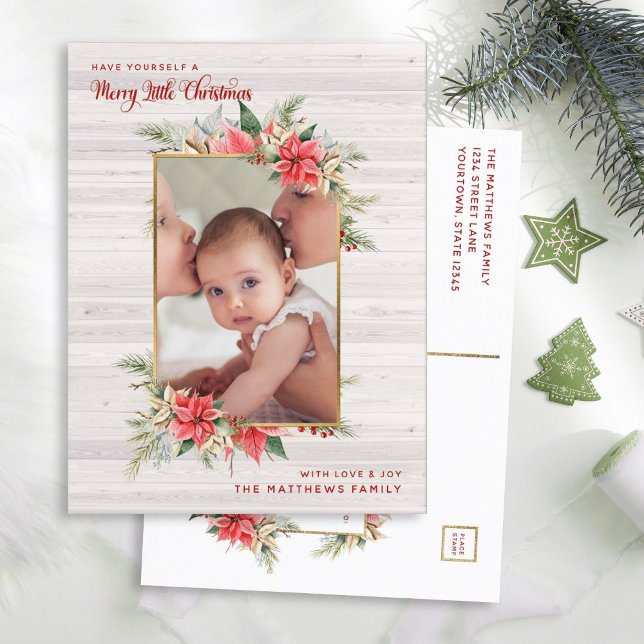 Farmhouse Poinsettia Merry Little Christmas Photo Holiday Postcard (Creator Uploaded)