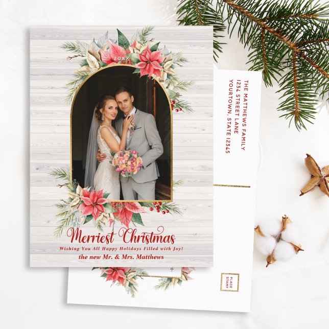 Farmhouse Poinsettia Modern Arched Newlyweds Photo Holiday Postcard (Creator Uploaded)