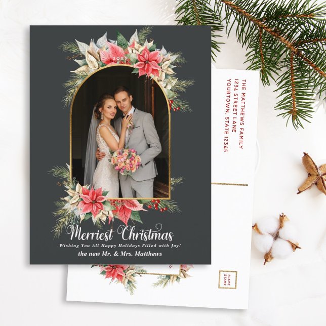 Farmhouse Poinsettia Modern Arched Newlyweds Photo Holiday Postcard (Creator Uploaded)