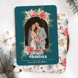 Farmhouse Poinsettia Newlywed Arched Wedding Photo Holiday Card