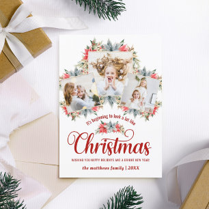 Farmhouse Poinsettia Red & White 3 Photo Collage Holiday Card