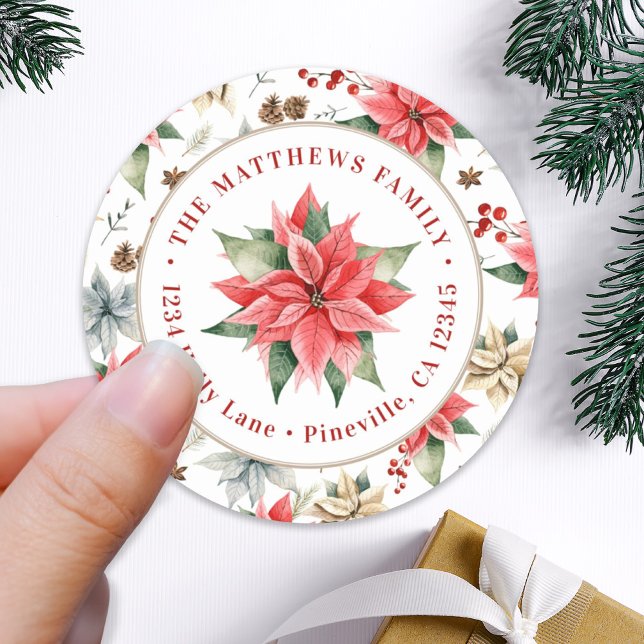 Farmhouse Poinsettia Round Return Address Label (Creator Uploaded)