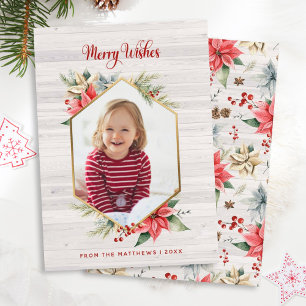 Farmhouse Poinsettia Rustic Hexagon Framed Photo Holiday Card