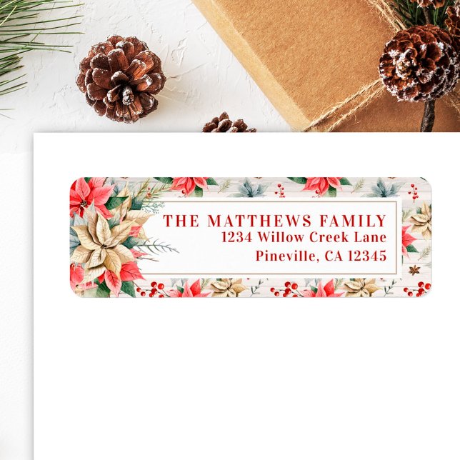 Farmhouse Poinsettia Rustic Wood Return Address (Creator Uploaded)