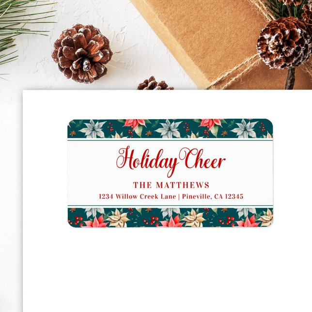 Farmhouse Poinsettia Teal Rustic Holiday Cheer Label (Creator Uploaded)