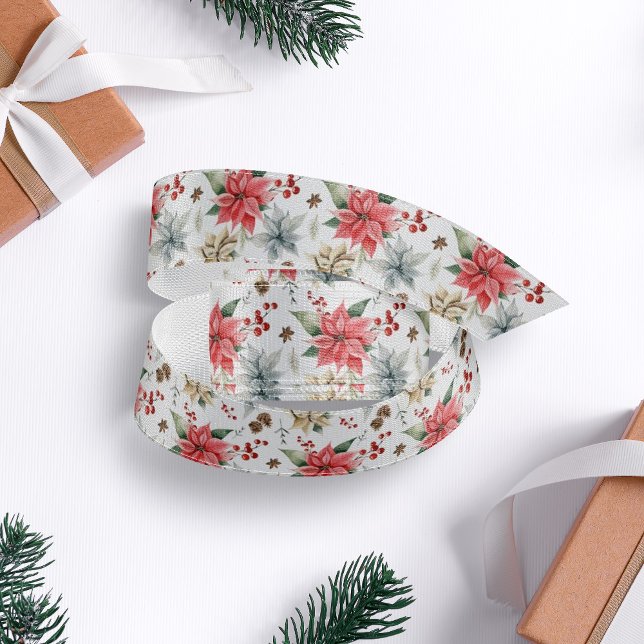 Farmhouse Poinsettia White & Red Rustic Christmas Grosgrain Ribbon (Creator Uploaded)