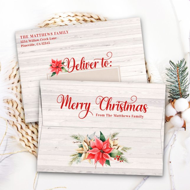 Farmhouse Poinsettia & Wood A7 5x7 Christmas Card Envelope (Creator Uploaded)