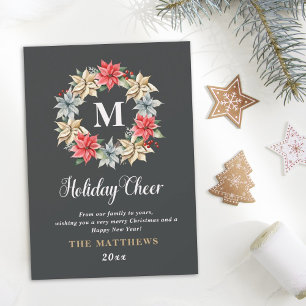 Farmhouse Poinsettia Wreath with Letter Monogram Holiday Card