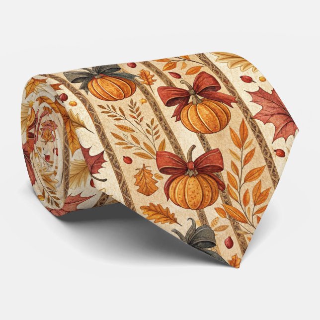 Farmhouse Pumpkin Bow Autumn Pattern Tie (Rolled)