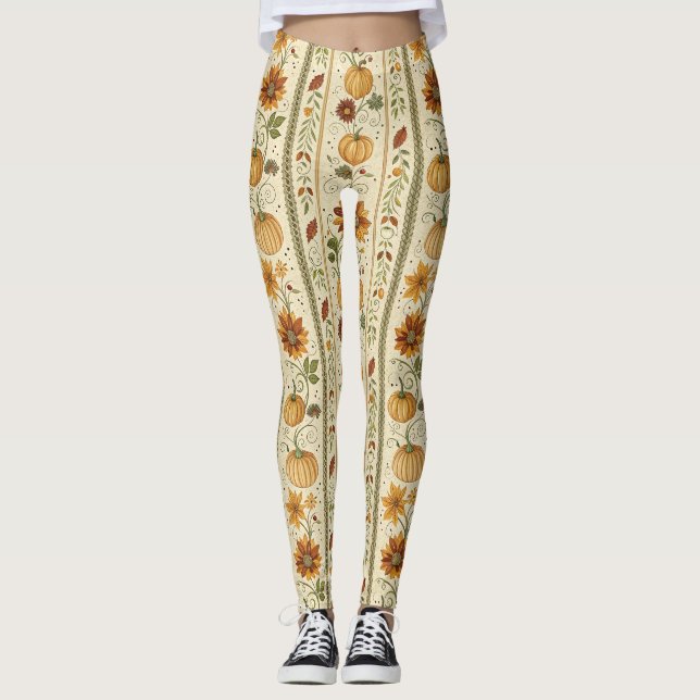 Farmhouse Pumpkin Fall Foliage Autumn Pattern Leggings (Front)
