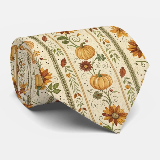 Farmhouse Pumpkin Fall Foliage Autumn Pattern Tie (Rolled)