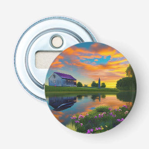 Farmhouse Purple roof Pond at Sunrise Bottle Opener