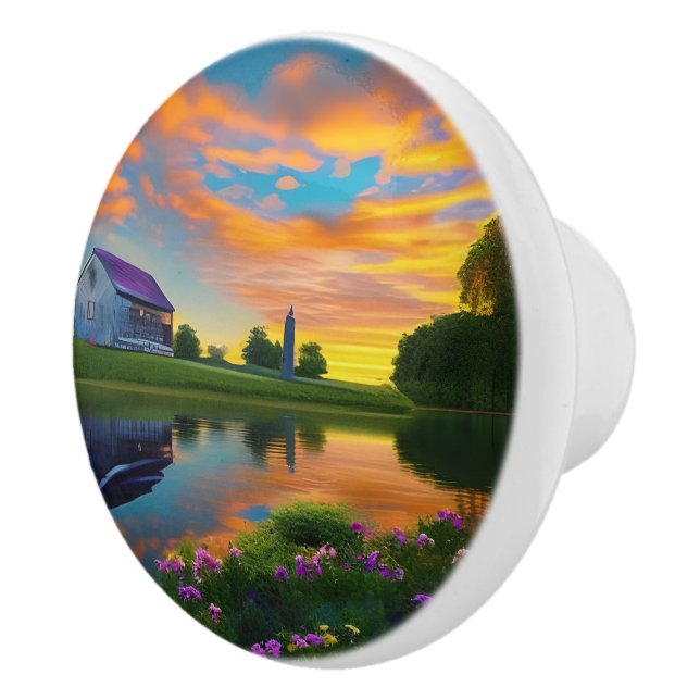 Farmhouse Purple Roof Pond at Sunrise  Ceramic Knob (Right)