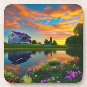 Farmhouse Purple Roof Pond at Sunrise Coaster