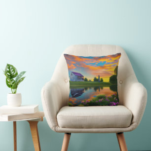 Farmhouse Purple Roof Pond at Sunrise Cushion