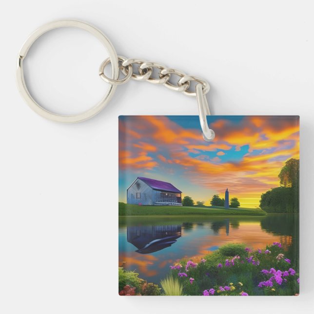 Farmhouse Purple roof Pond at Sunrise  Key Ring (Front)