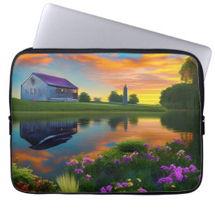 Farmhouse Purple roof Pond at Sunrise Laptop Sleeve