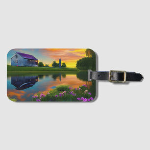 Farmhouse Purple roof Pond at Sunrise Luggage Tag