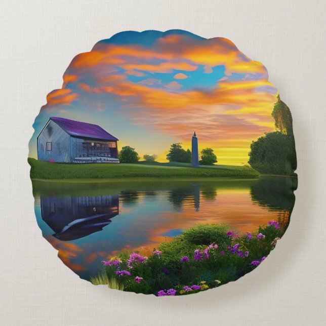 Farmhouse Purple Roof Pond at Sunrise  Round Cushion (Front)