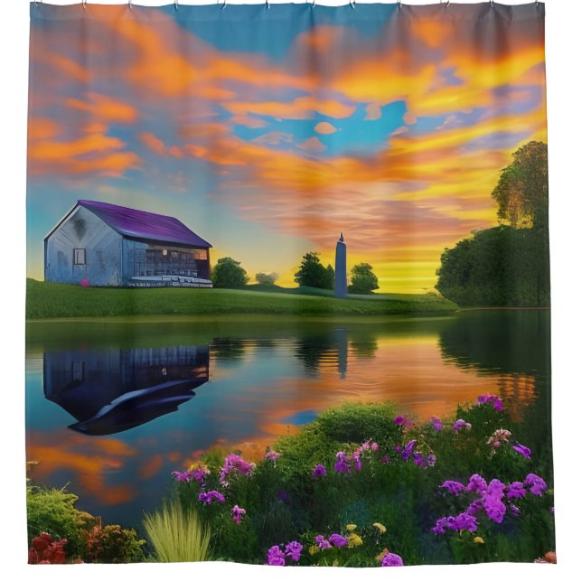 Farmhouse Purple Roof Pond at Sunrise Shower Curtain (Front)