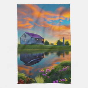 Farmhouse Purple Roof Pond at Sunrise  Tea Towel