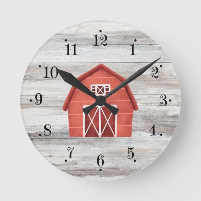 Farmhouse Red Barn With Faux Wood Wall Clock (Front)