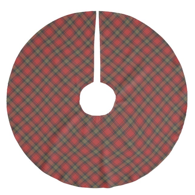 Farmhouse red black gold diagonal plaid pattern brushed polyester tree skirt (Front)