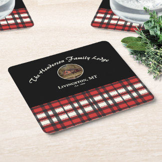 Farmhouse Red Black Plaid Custom Photo  Square Paper Coaster