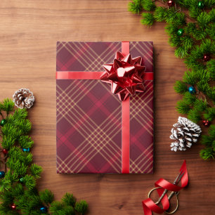 Farmhouse red bordeaux gold plaid diagonal pattern wrapping paper