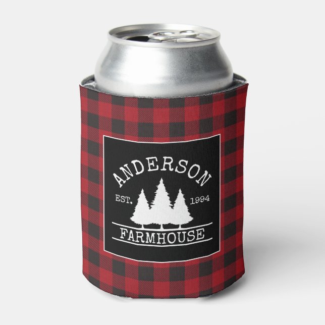 Farmhouse Red Buffalo Plaid Family Name Can Cooler (Can Front)