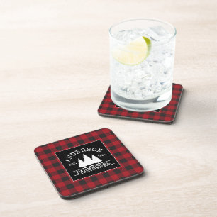 Farmhouse Red Buffalo Plaid Family Name Coaster