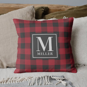 Farmhouse Red Buffalo Plaid Family Name Monogram Cushion