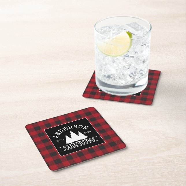 Farmhouse Red Buffalo Plaid Family Name Square Paper Coaster (Insitu)