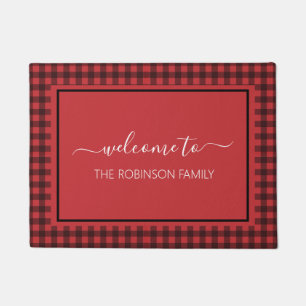 Farmhouse Red Buffalo Plaid Personalised Welcome Doormat
