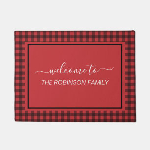 Farmhouse Red Buffalo Plaid Personalised Welcome Doormat