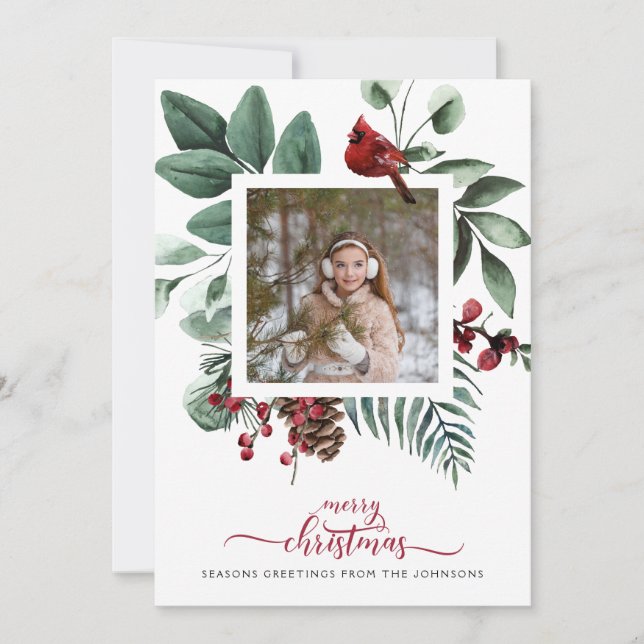 Farmhouse Red Check Photo Christmas Cardinal Holiday Card (Front)