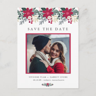 Farmhouse Red Floral Plaid Wedding Save the Date Postcard